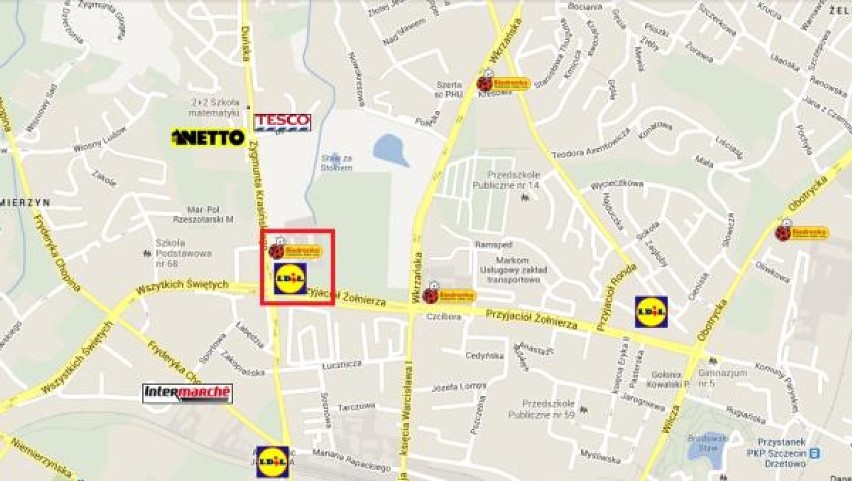 Mapa supermarketów w okolicy, wraz z powstającymi sklepami (ramka).