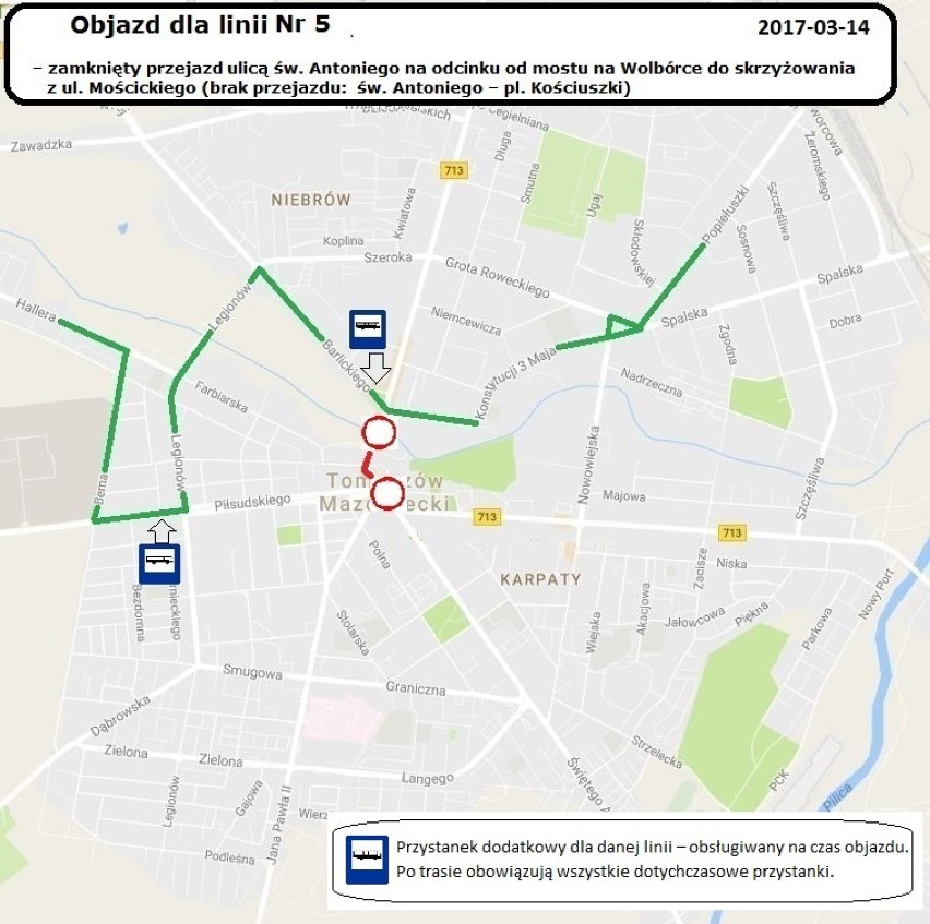 Przebudowa drogi 713 w Tomaszowie: Zamykają główne skrzyżowanie, autobusy MZK zmienią trasę