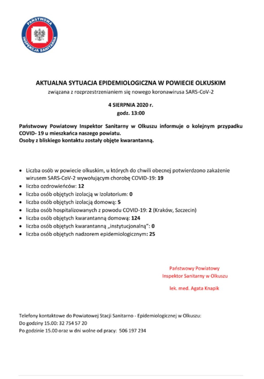 Kolejna osoba z pow. olkuskiego zakażona koronawirusem. Jej rodzina objęta jest kwarantanną