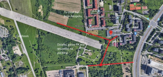 Koncepcja drogi do MCN, wraz ze wskazaniem, gdzie PK ma wuzetki na parking i gdzie Akopol chciał budować blok