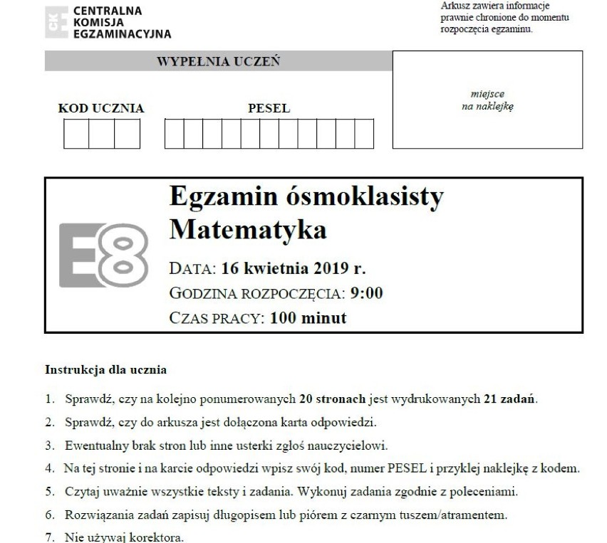 Egzamin ósmoklasisty 16.04.2019 r. Matematyka - ARKUSZE CKE i ODPOWIEDZI.  Test 8-klasisty z matematyki [klucz do zadań, arkusze] | pomorskie Nasze  Miasto