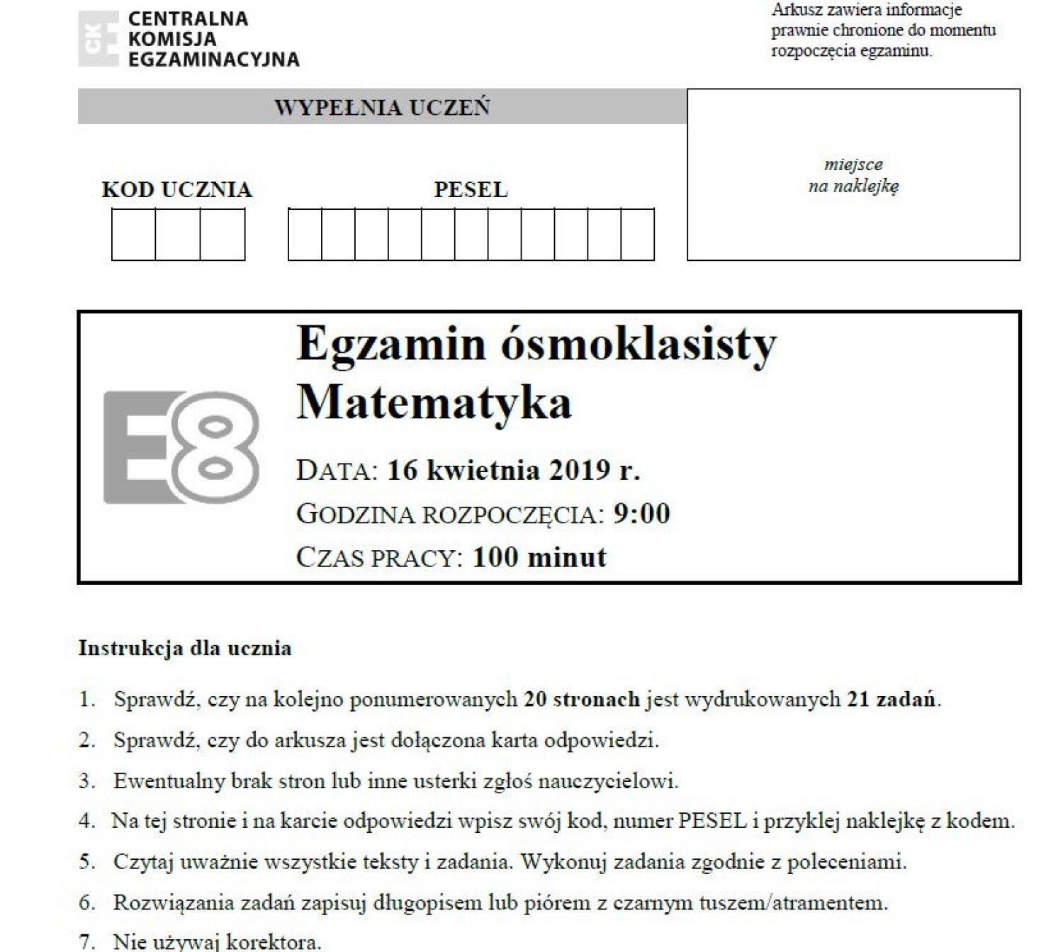 Próbny Egzamin ósmoklasisty Matematyka Gwo Arkusz