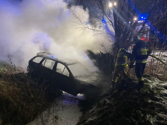 Jeden z trzech pożarów miał miejsce na poboczu drogi w Pułkowicach. Ogień objął wówczas bmw oraz drzewo, w które uderzyło auto