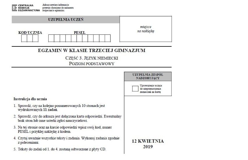 Egzamin gimnazjalny 2019. JĘZYK NIEMIECKI POZIOM PODSTAWOWY ARKUSZ CKE I ODPOWIEDZI. Testy gimnazjalne (język niemiecki podstawa) 12.04.2019