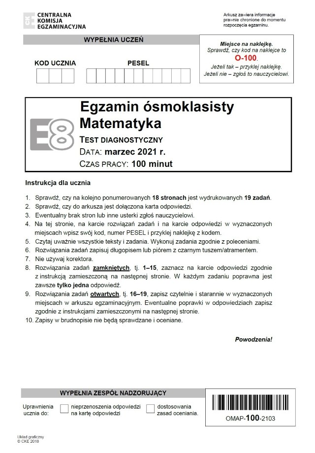 Próbny egzamin ósmoklasisty 2021 matematyka. ARKUSZ CKE i ODPOWIEDZI z  testu diagnostycznego 18.03.2021 roku | pomorskie Nasze Miasto