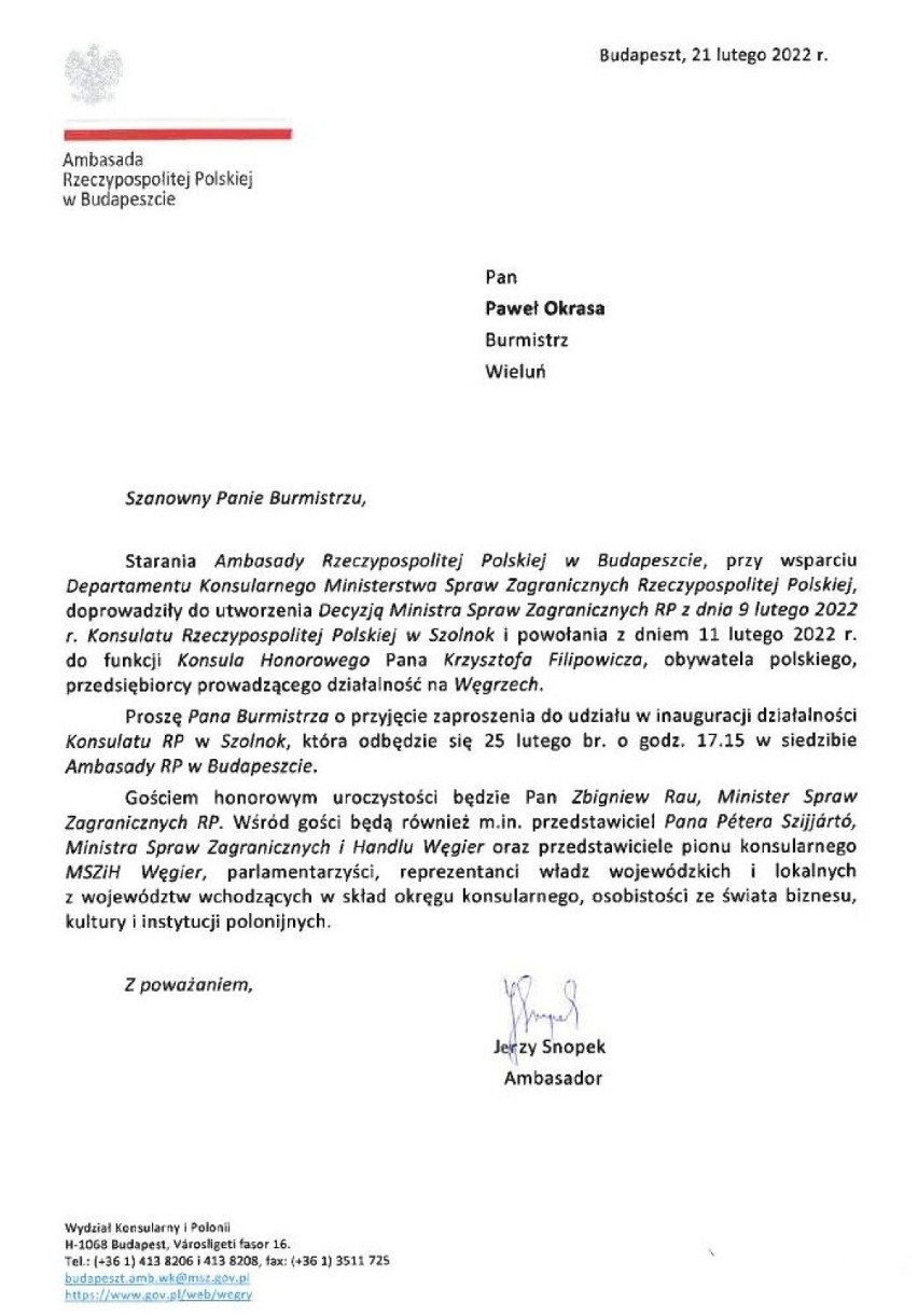 Wyjazd burmistrza Wielunia na Węgry. Paweł Okrasa uczestniczył w oficjalnym otwarciu konsulatu. Jakie będą z tego korzyści dla Wielunia?