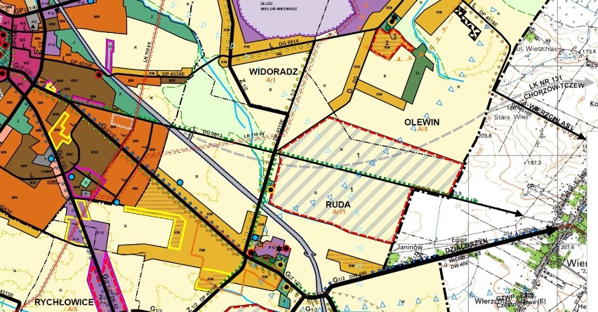 Studium przestrzenne gminy Wieluń - przerywaną linią koloru szarego zaznaczono przebieg linii kolejowej, który jednak niczego nie przesądza