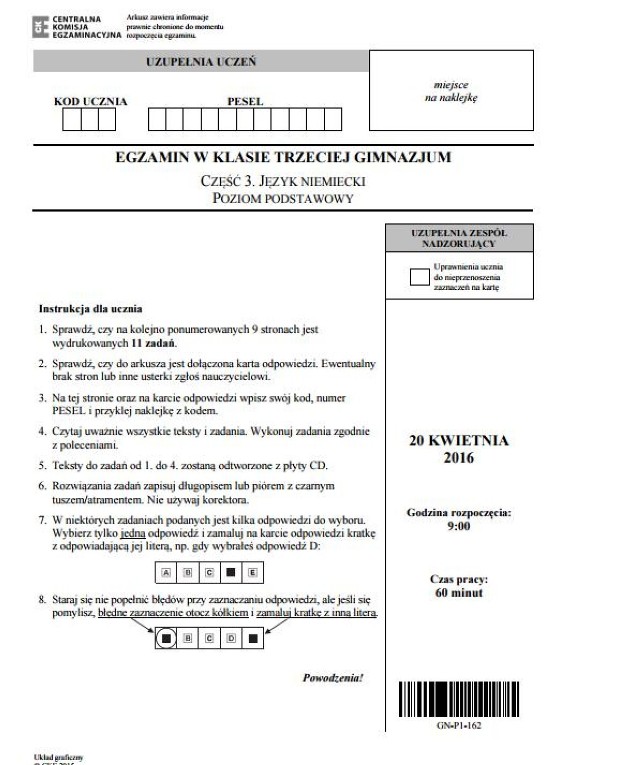Egzamin gimnazjalny 2016: niemiecki [ARKUSZE CKE, ZADANIA, ODPOWIEDZI]
