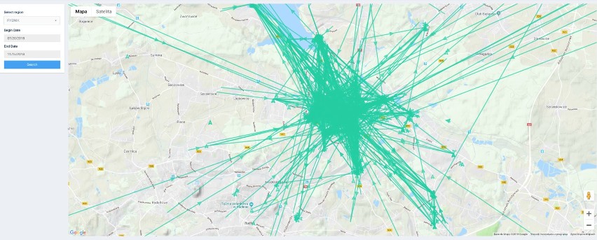 heat mapy GeoVelo, obrazujący skalę korzystania z poszczególnych parkingów oraz wektorowe trasy przejazdu.