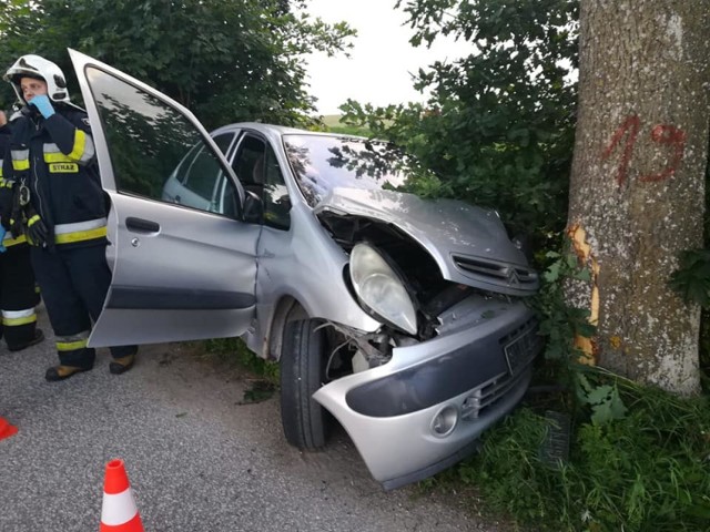 Citroen uderzył w drzewo w Plesewie w powiecie grudziądzkim. Do szpitala trafił kierowca samochodu