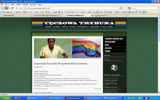 Zrzut strony internetowej Tęczowej Trybuny 2012 z listem Antoniego Pawlaka