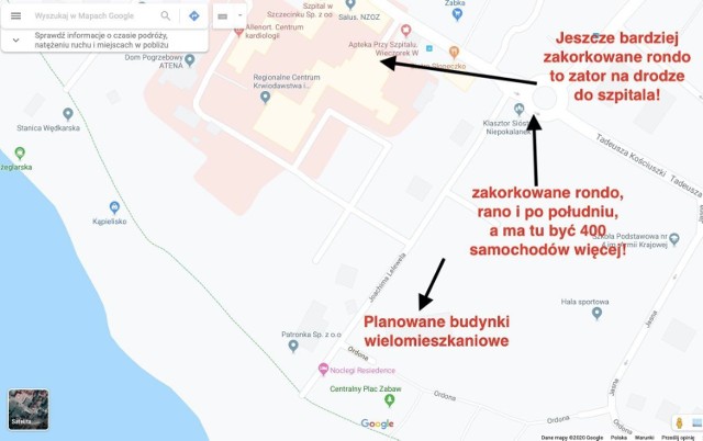 Na FB założono nawet stronę, w której mieszkańcy dzielą się obawami - oto plan z niej z zaznaczonymi wąskimi gardłami komunikacyjnymi w tej części Szczecinka