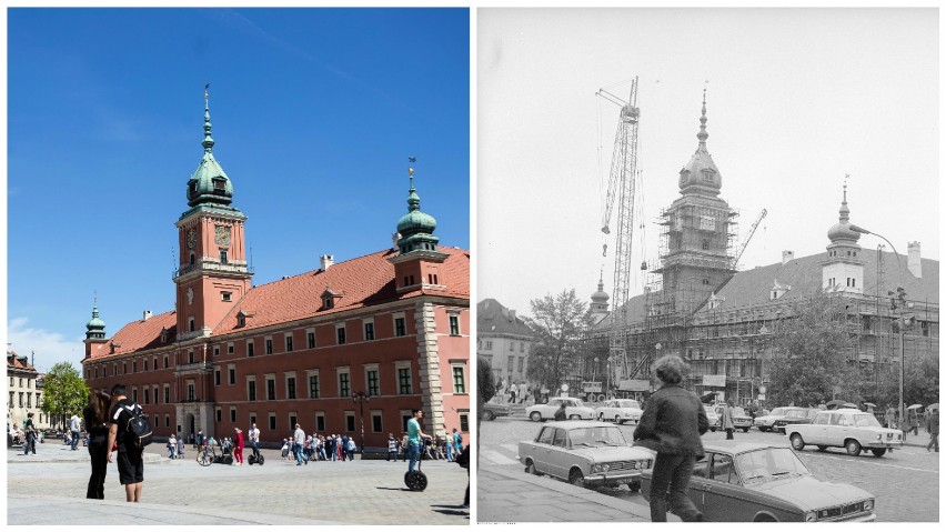 Z prawej zdjęcie odbudowy Zamku Królewskiego z 1974 roku....