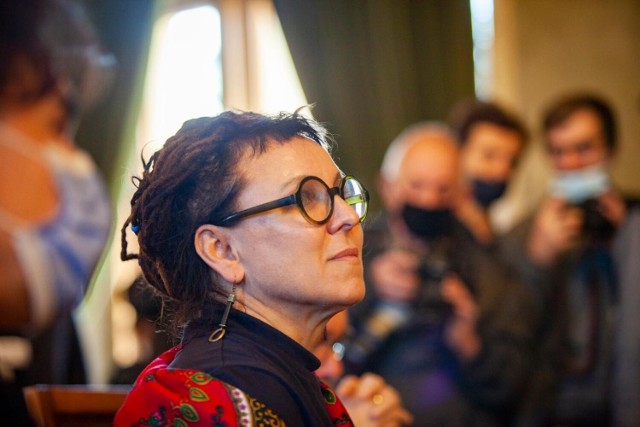 Na zdjęciu: Olga Tokarczuk, polska noblistka, w dniu przyznania jej tytułu honorowej obywatelki Miasta Krakowa, 08.10.2021 Kraków