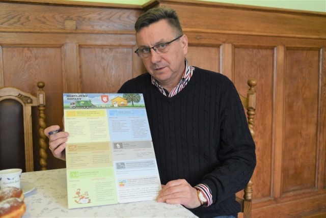 Burmistrz Ryszard Szybajło pokazuje tablice, które niedługo powinny wisieć na klatkach w człuchowskich blokach.