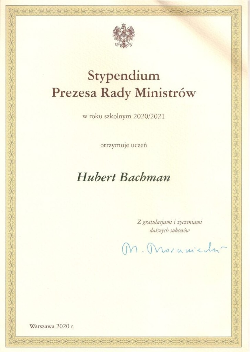 Uczeń ZSP w Łodzierzy Hubert Bachman ze stypendium premiera Mateusza Morawieckiego