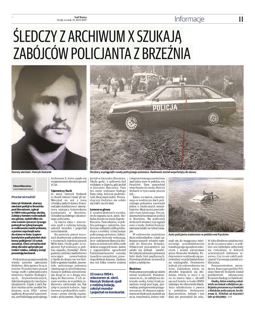 Śledczy z Archiwum X szukają zabójców Henryka Stolarka, policjanta z Brzeźnia