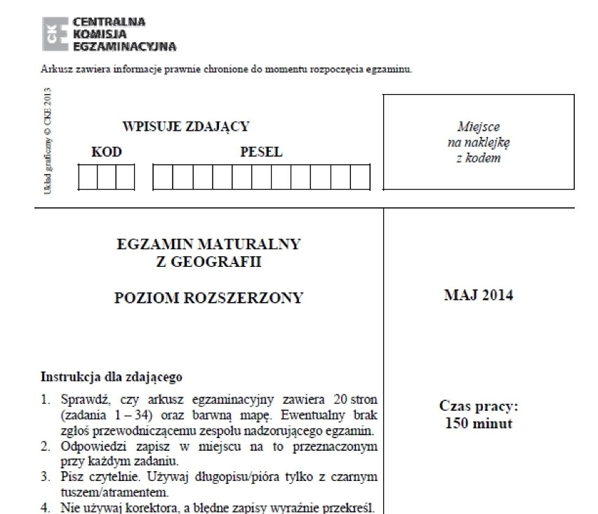 MATURA 2014 GEOGRAFIA (P. ROZSZERZONY) - ARKUSZ CKE,...