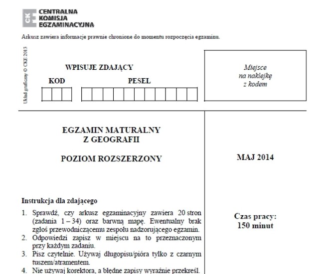 MATURA 2014 GEOGRAFIA (P. ROZSZERZONY) - ARKUSZ CKE, ZADANIA, ODPOWIEDZI