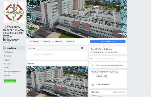 Oficjalny profil ma pełną nazwę - 10 Wojskowy Szpital Kliniczny z Polikliniką SP ZOZ w Bydgoszczy. Pewnie dlatego też trudniej go wyszukać na Facebooku niż nieoficjalny