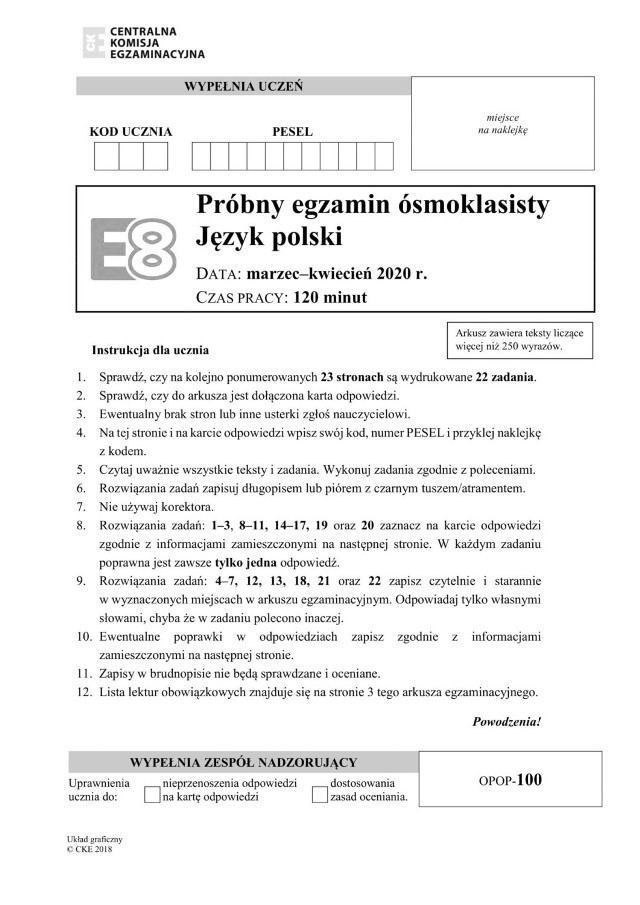 Próbny Egzamin Ósmoklasisty 2020 CKE - j. polski.