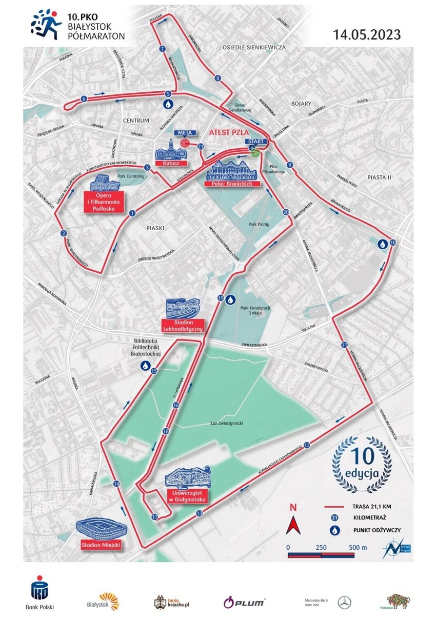 Trasa jubileuszowej 10. edycji PKO Białystok Półmaratonu 14 maja 2023