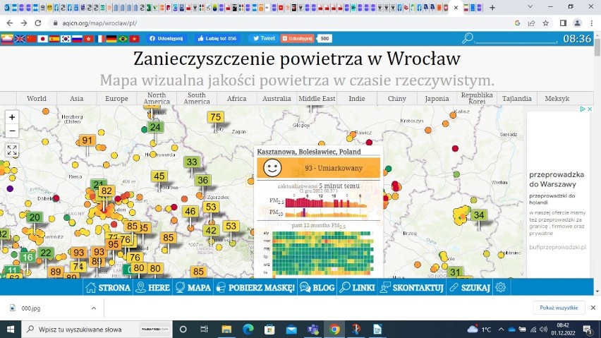 Tu dziś się nie da oddychać! Jakość powietrza na Dolnym Śląsku 1.12.2022. Gdzie najgorzej?