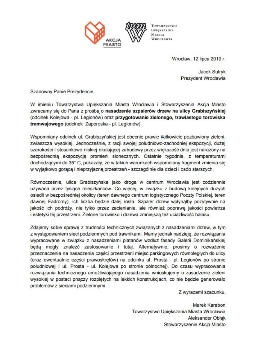 Oto pełna treść listu do prezydenta Sutryka w sprawie zieleni na Grabiszyńskiej