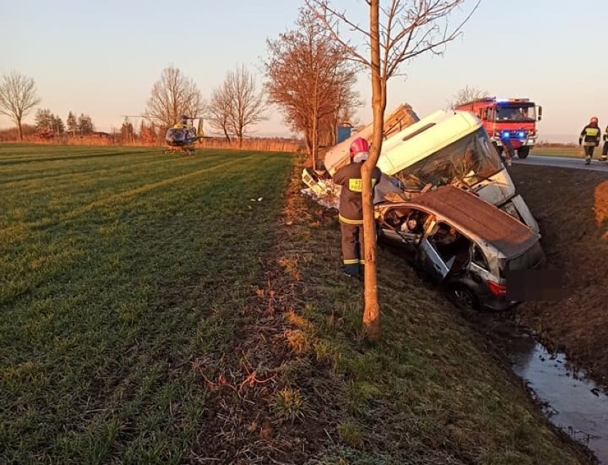 Gm. Stare Pole. Wypadek na DK 22 7.02.2020 [ZDJĘCIA]. Kierowca zabrany przez śmigłowiec LPR po zderzeniu z ciężarówką