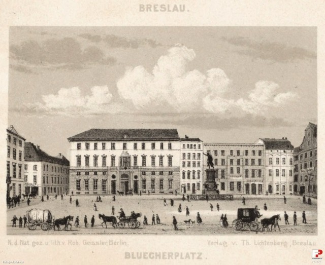 Lata 1866-1893 , Blücherplatz we Wrocławiu na litografii R. Geisslera por.