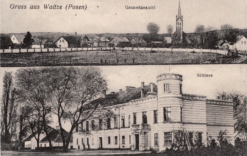Wiejce (Waitze): Pocztówka z pałacem i panoramą