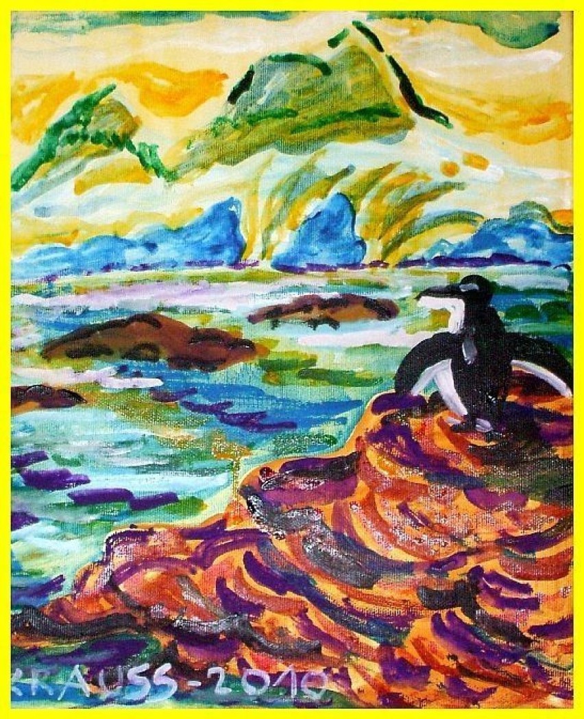 "Zima z pingwinem" - obraz został namalowany na płótnie....
