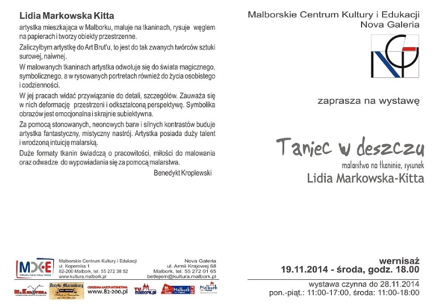 Wystawa prac Lidii Markowskiej-Kitty w Malborku. Wernisaż 19 listopada w Szpitalu Jerozolimskim