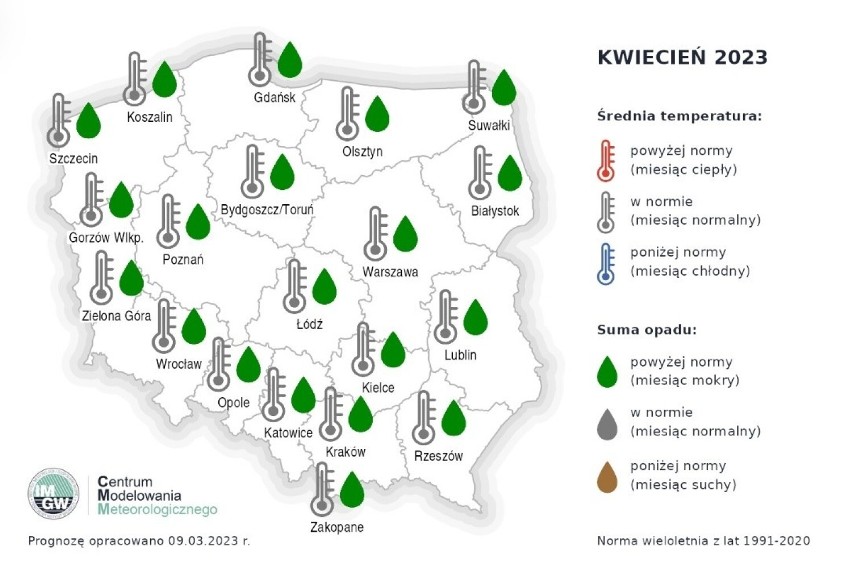 Kwiecień: Miesięczna suma opadów atmosferycznych w całym...