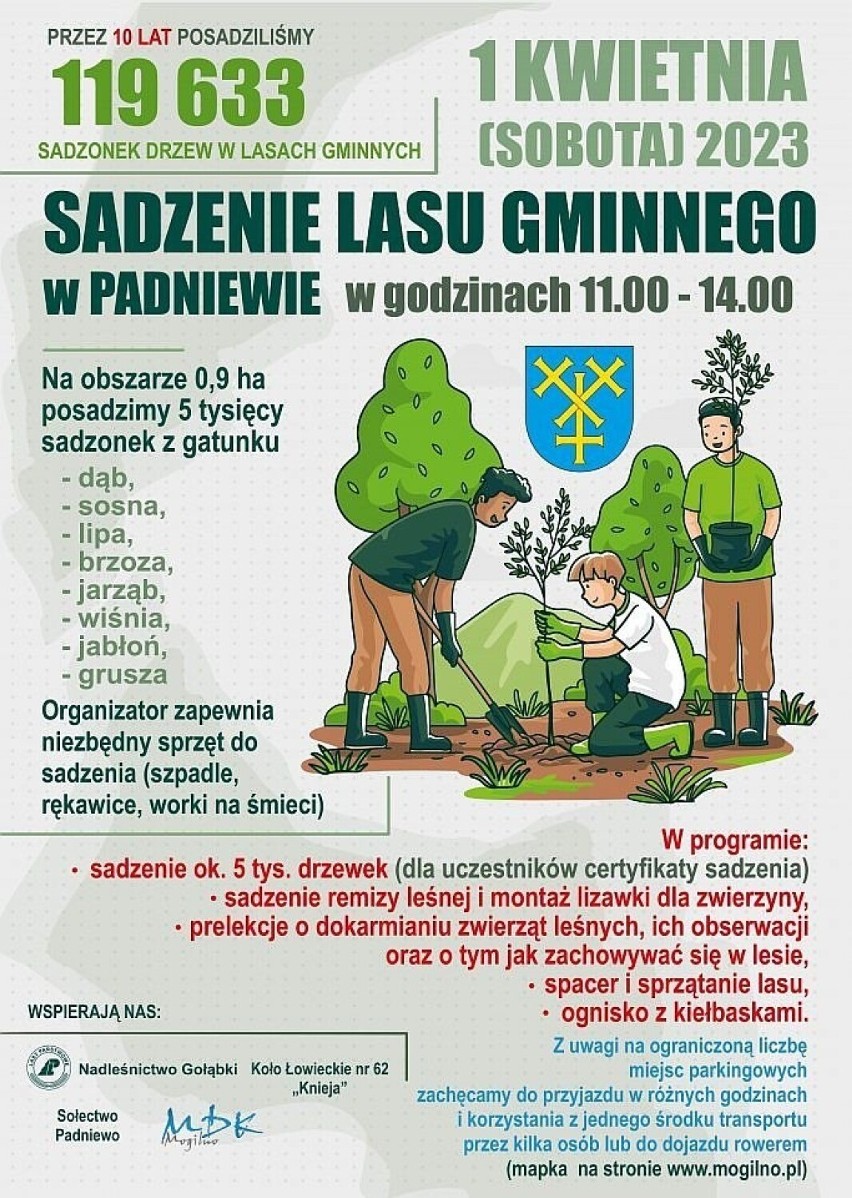 Gmina Mogilno. 1 kwietnia 2023 w Padniewie odbędzie się wspólne sadzenie lasu gminnego. Zaproszenie dla wszystkich chętnych
