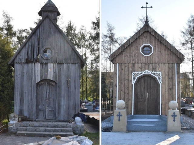 Tak jeszcze na początku października wyglądała zabytkowa, austro-węgierska kaplica cmentarna w Jędrzejowie (zdjęcie po lewej), a tak wygląda po gruntownej rekonstrukcji (zdjęcie po prawej).