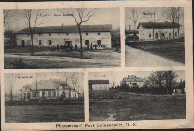 Pielgrzymowice (Pilgramsdorf) - widokówka przedstawia zamek - pałac baronów von Reintzenstein w Pielgrzymowicach, zajazd, sklep mięsny, piekarnia