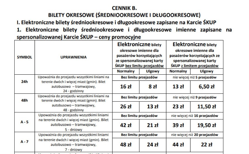 Cennik biletów, obowiązujący od 1 stycznia do końca marca...