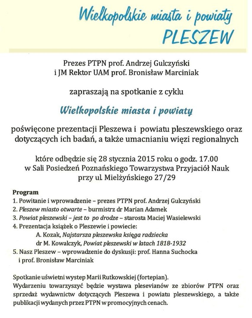 Nasz Pleszew - promocja miasta i powiatu w Poznańskim Towarzystwie Przyjaciół Nauk