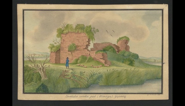 Zwaliska zamku pod (Wenecyją) Gąsawą. 
Rok 1843.
Autor: Edward Walenty Kainko. 
Rysunek : akwarela, tusz na papierze ; 14,6x23 cm