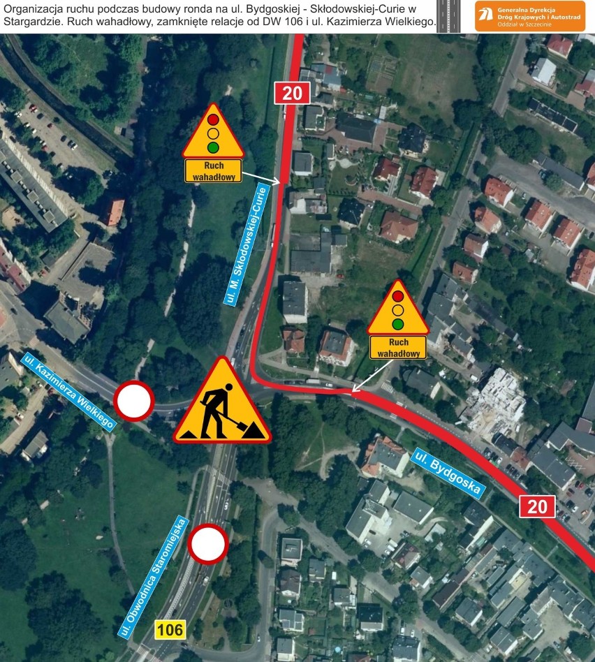 Budowa rond na DK20 w Stargardzie – uwaga na utrudnienia! [MAPY]