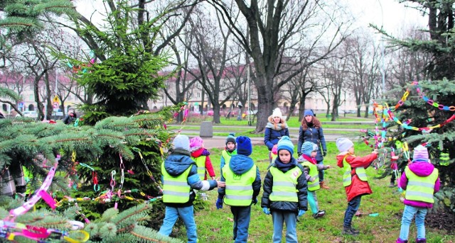 Przedszkolaki ozdobiły drzewka w Parku Staromiejskim w Łodzi. Dzieci biorące udział w projekcie "Bałuty odNOWA" zdobią miejsca, które zwyciężyły w plebiscycie na najbardziej przyjazne na Bałutach