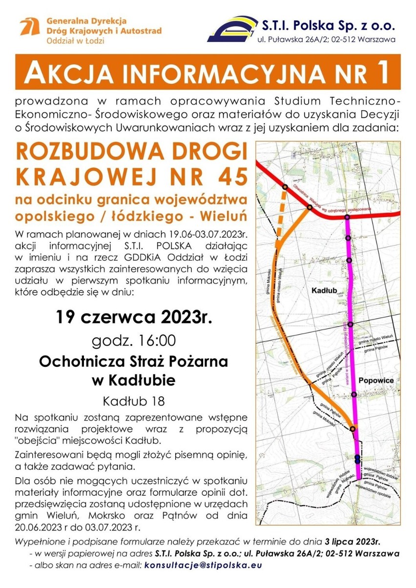 Projektują zmianę przebiegu drogi krajowej 45 na południe od Wielunia. 19 czerwca spotkanie konsultacyjne w Kadłubie