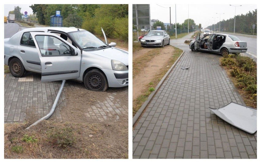 Radiowóz uderzył w znak drogowy i krawężnik na ulicy Toruńskiej we Włocławku. Dwóch policjantów trafiło do szpitala [zdjęcia]