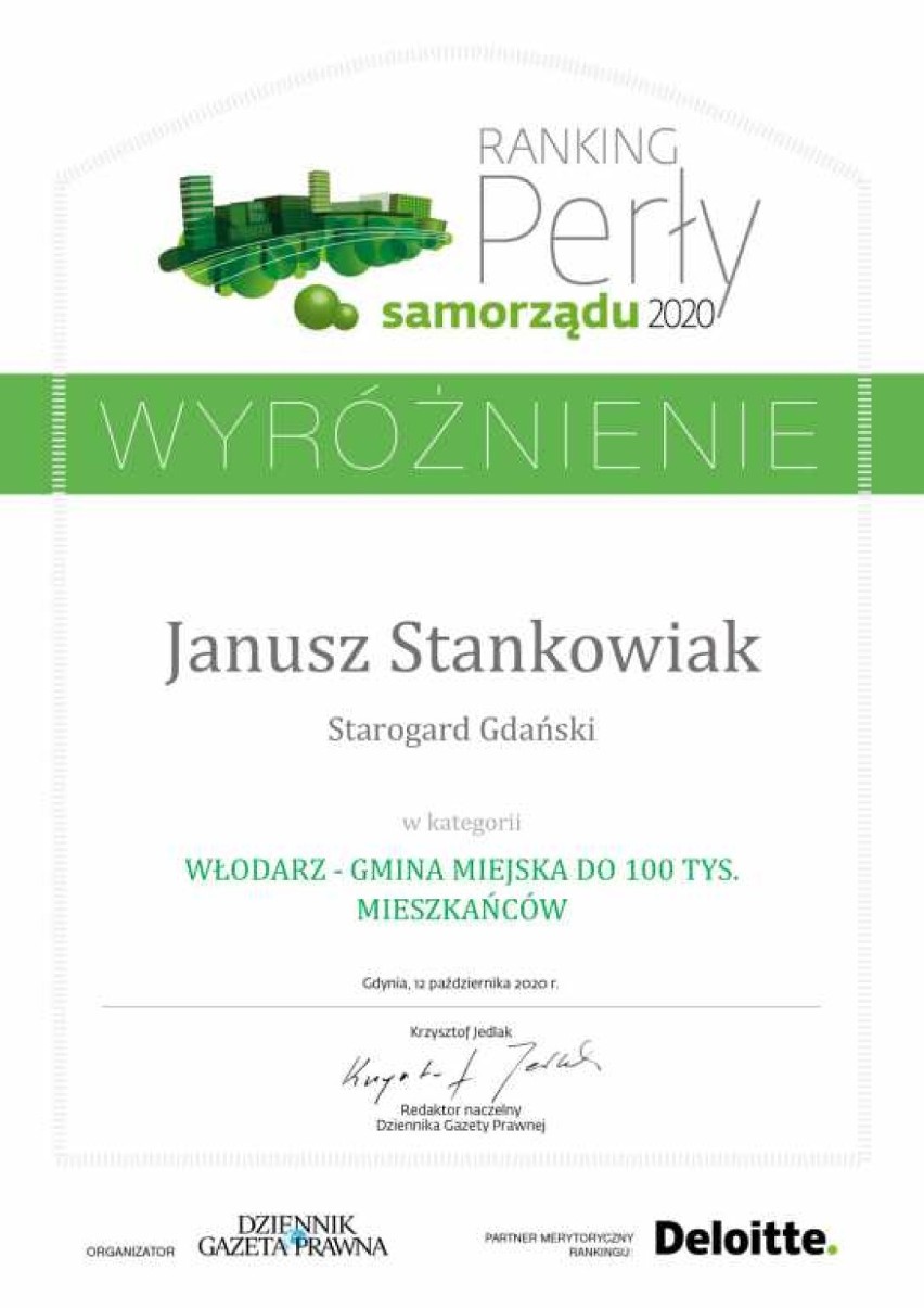 Starogard Gdański z "Perłą Samorządów 2020". 