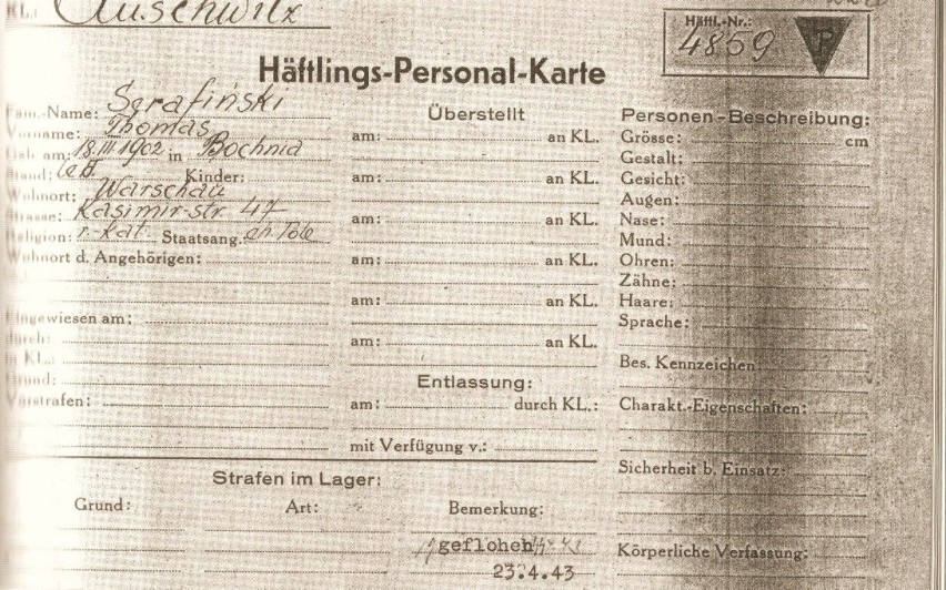 Karta personalna więźnia z widocznym numerem.