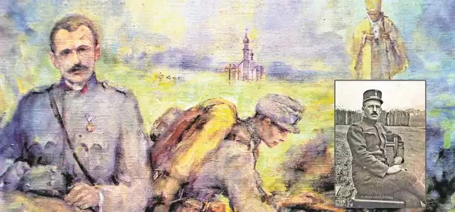 Scena z bitwy gorlickiej namalowana przez Michała Wachowskiego. Na pierwszym planie Karol Wojtyła senior (także na małej fotografii)