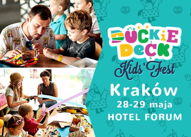 Data wydarzenia: 
od soboty 28 maja 2016 do niedzieli 29 maja 2016

W ostatni weekend maja w krakowskim hotelu Forum odbędzie się już trzecia edycja Duckie Deck Kids’ Fest. Budynek nad Wisłą wypełni się kilkoma tysiącami dzieciaków, a ekipa Duckie Deck wraz z partnerami wydarzenia zadba, aby było ciekawie. Każdy mały oraz duży gość, chcący poznać świat, będzie mógł odbyć pasjonującą przygodę z nowymi technologiami i kreatywnymi warsztatami.