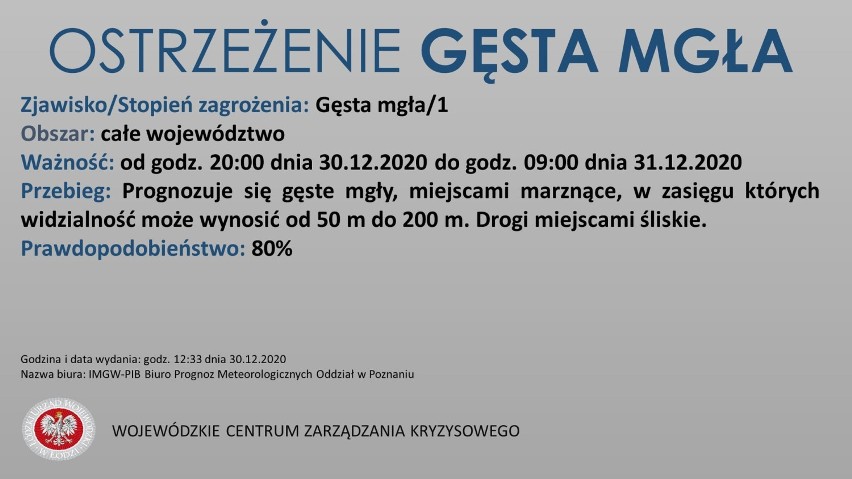 Ostrzeżenie przed gęstą mgłą i oblodzeniem dla regionu, także dla powiatu tomaszowskiego i opoczyńskiego