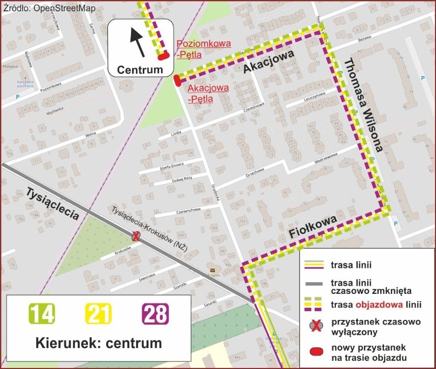 Mapa objazdu autobusów - podróż do centrum